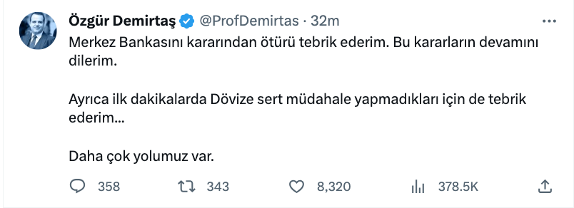 ozgur demirtas tan merkez bankasi nin dorduncu faiz artisi kararina yorum tebrik ediyorum ama daha cok yolumuz var